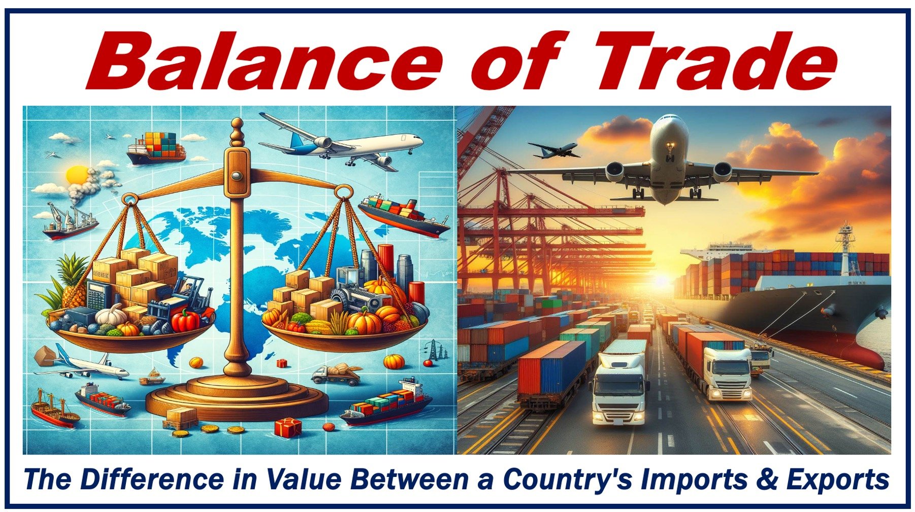 Goods being shipped by plane, ship, train, and truck, plus a definition of the balance of trade.