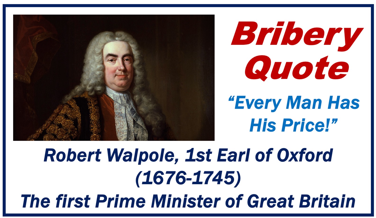 Image of Robert Walpole and a bribery quote Every man his his price.