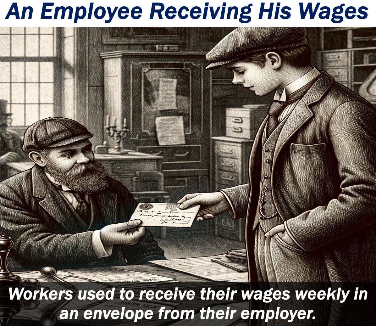 Image of a worker receiving his wagers in an envelope.