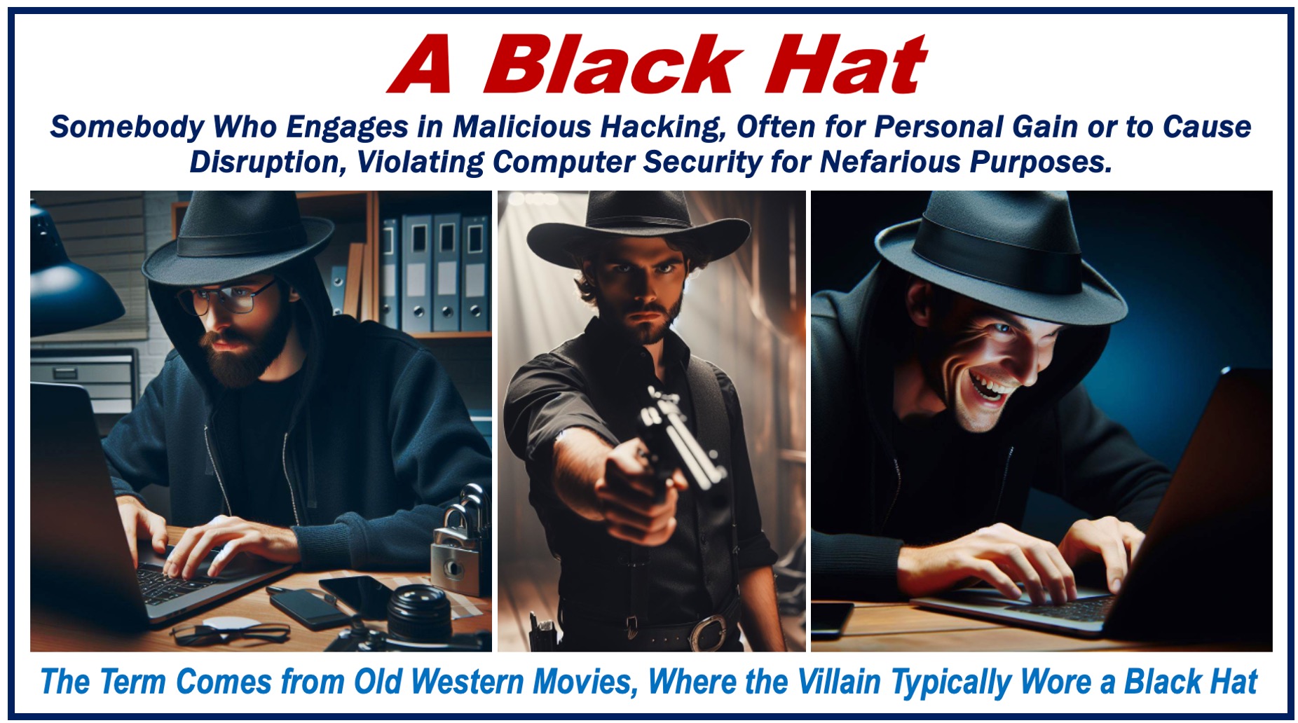 Images of a man wearing a black hat on a computer and with a gun