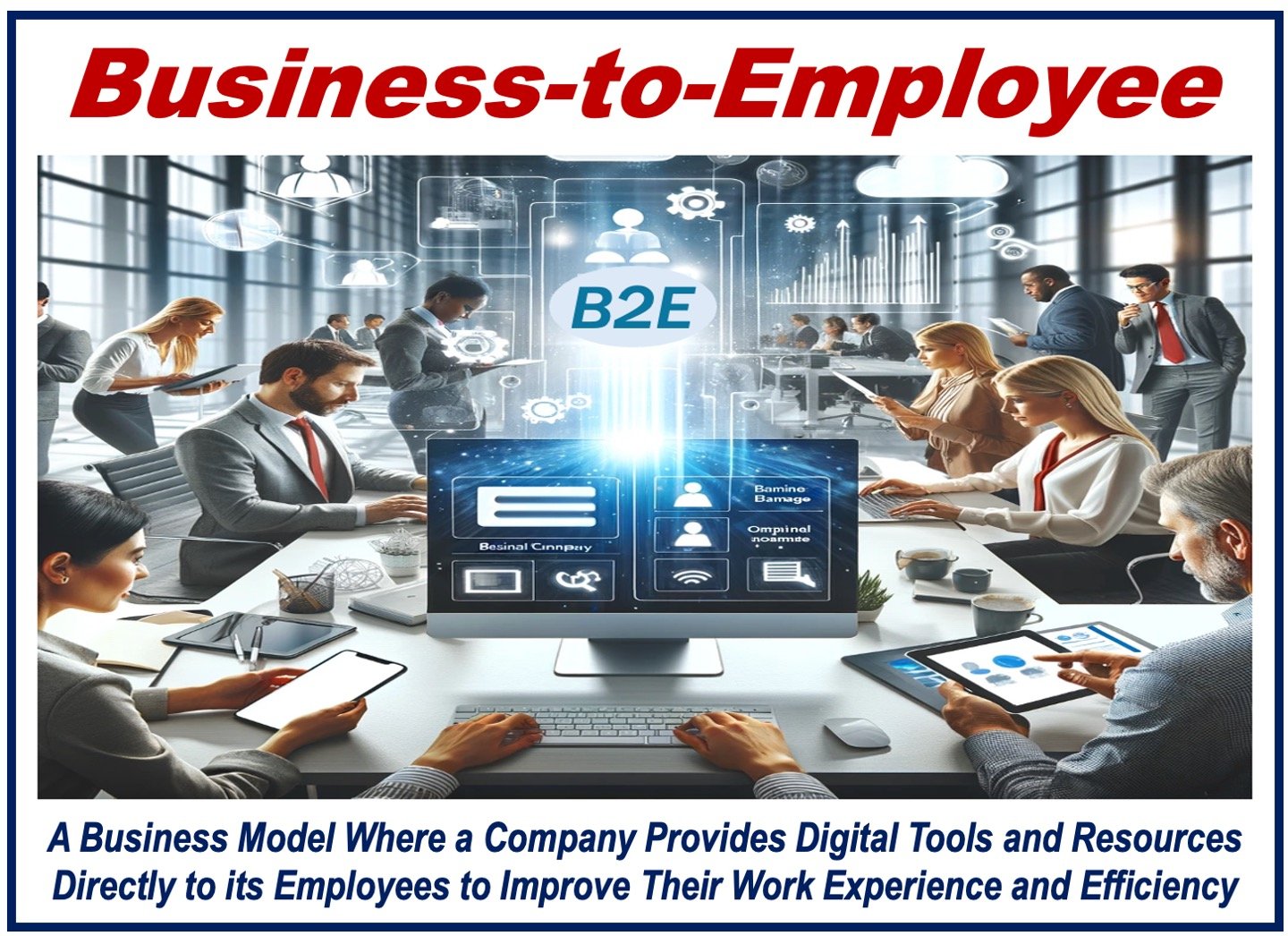 People in an office, a depiction of business-to-employee or B2E plus a written definition.