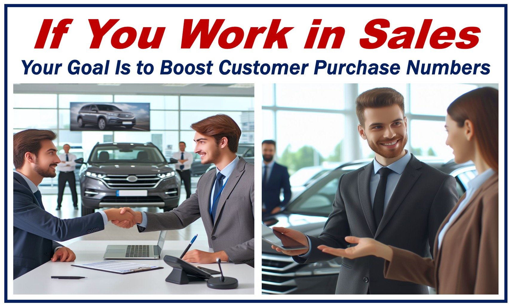 Salespeople and customers in a car showroom - article about sales.