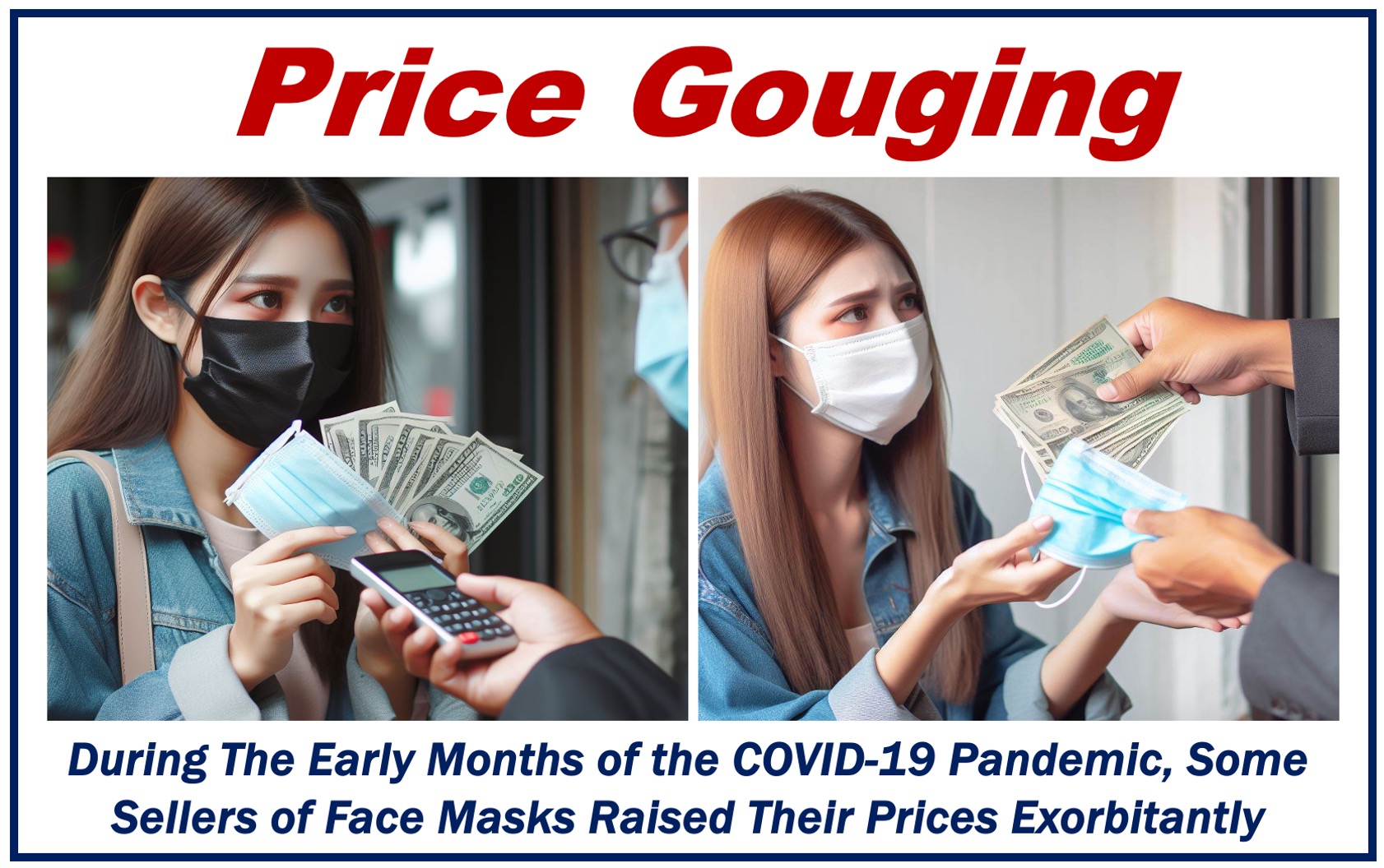 Two female consumers paying exorbitant prices for face masks - depiction of price gouging.