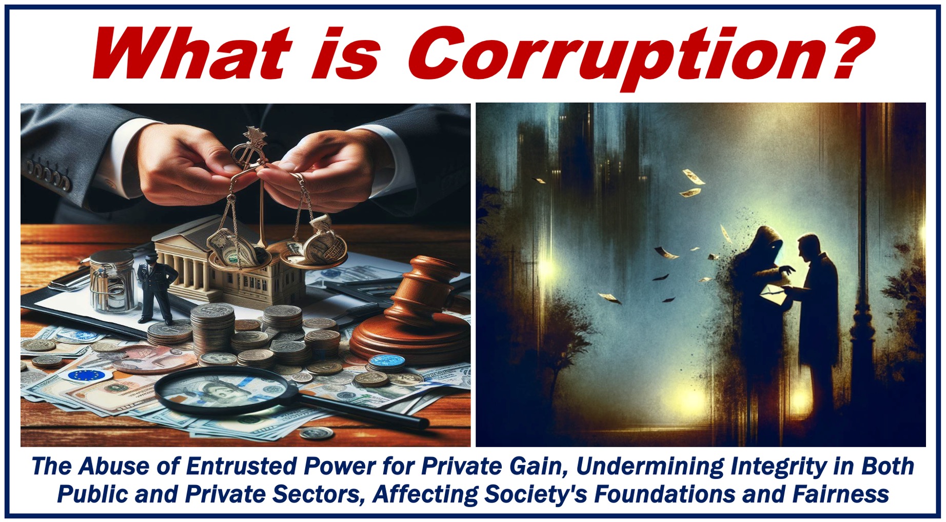 Two images depicting corruption plus a written definition of it.