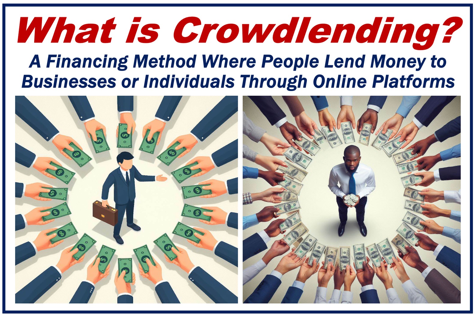 Two men surrounded by hands offering them money - depiction and definition of crowdlending.