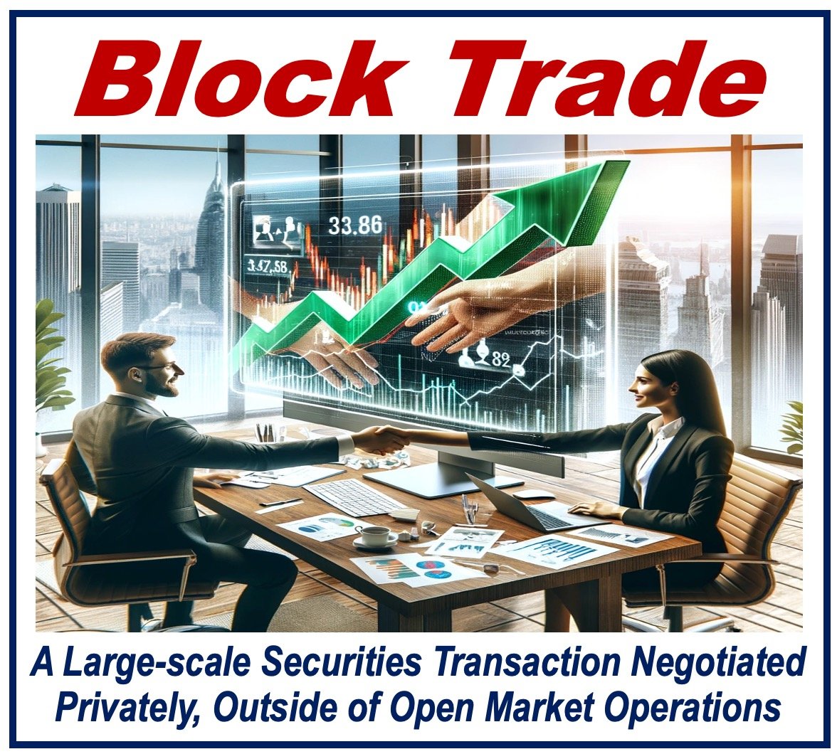 Two traders shaking hands plus a definition of Block Trade