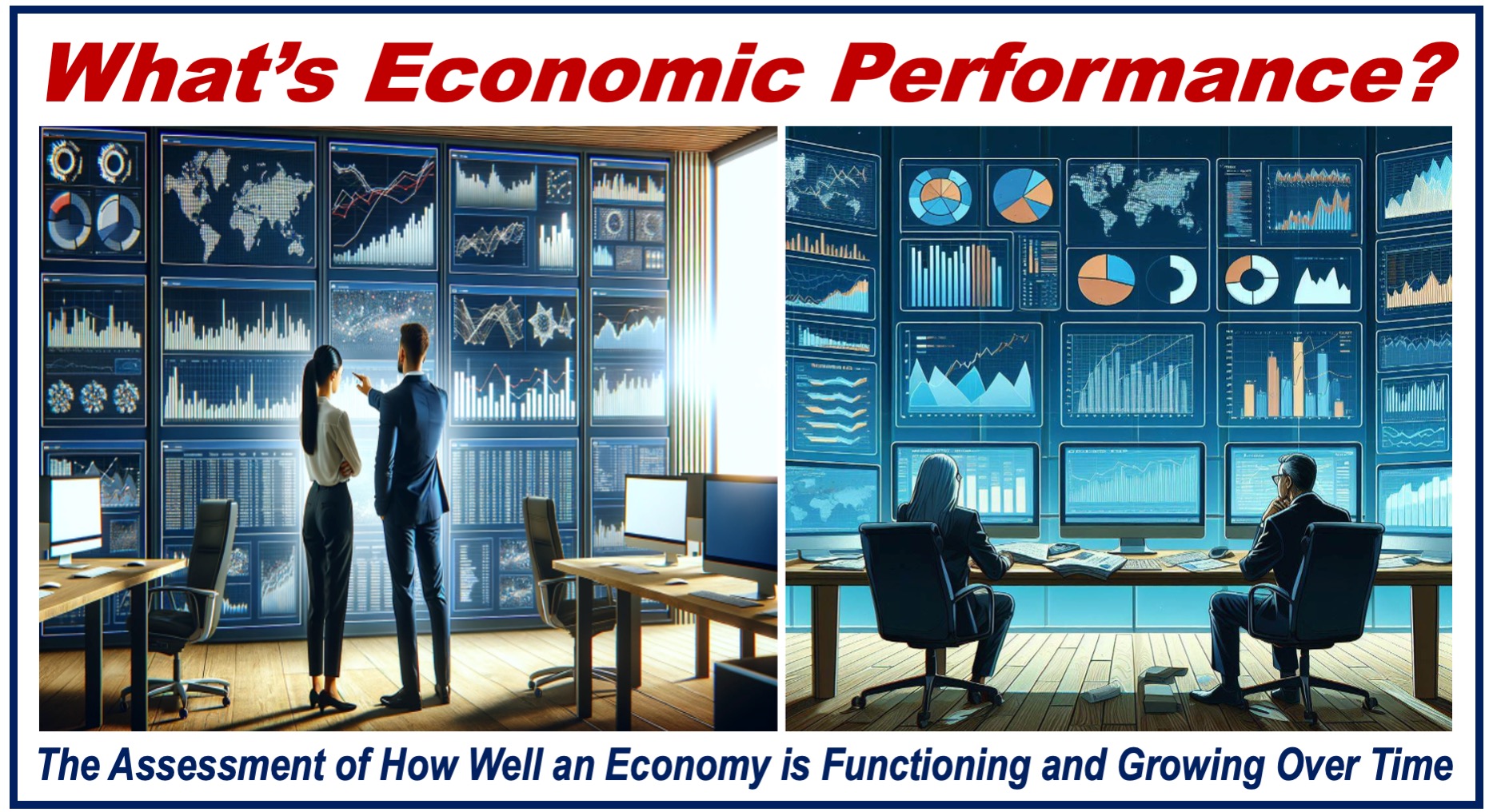 4 people looking at monitors showing graphs - a definition of Economic Performance