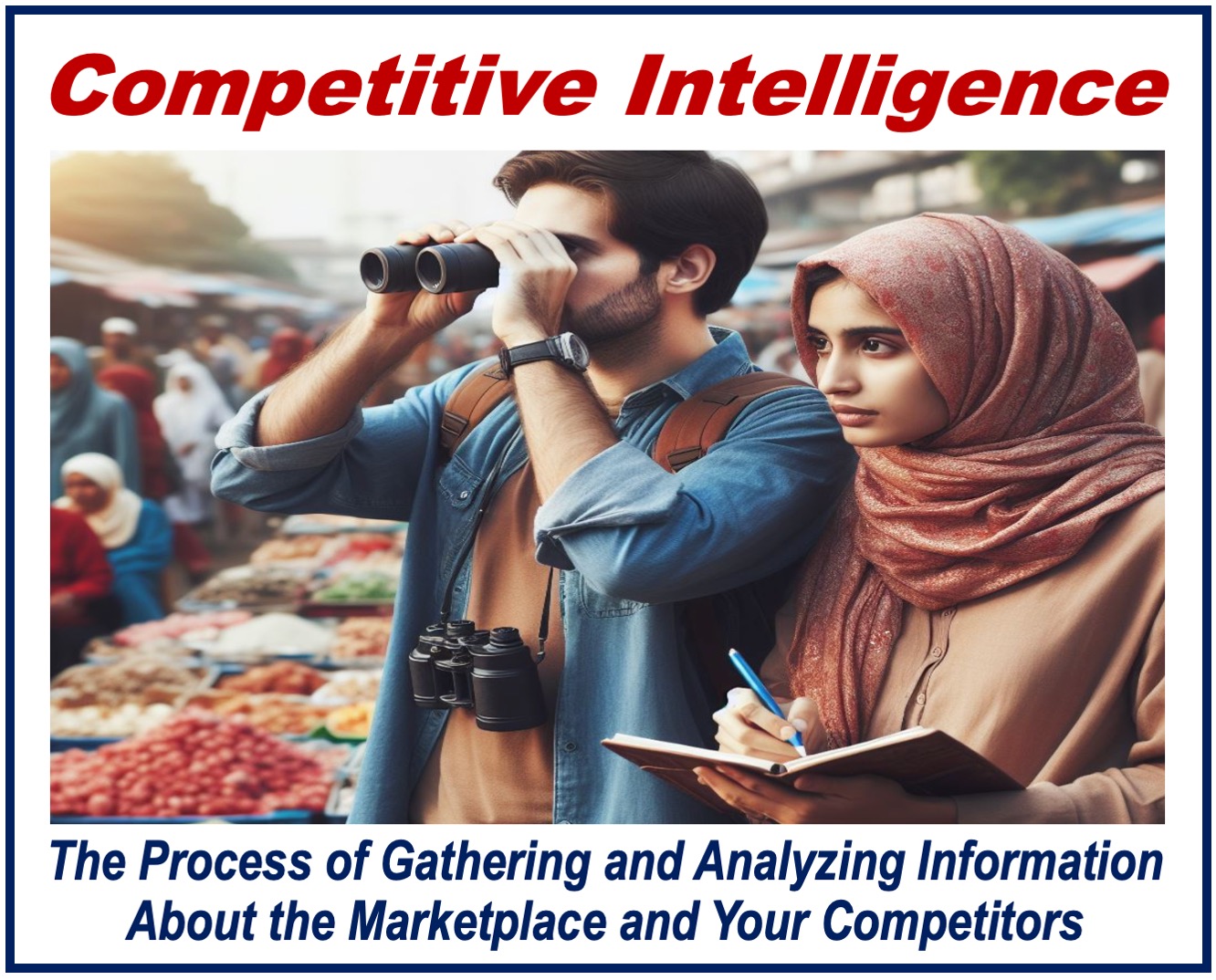 A man and a woman observing a marketplace, gathering competitive intelligence.