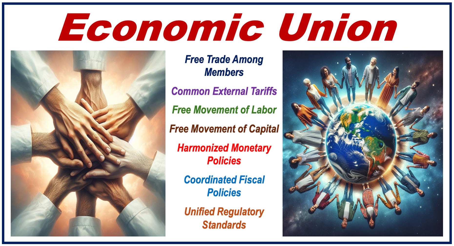 Circle of people holding hands around planet Earth - plus some features of Economic Union.