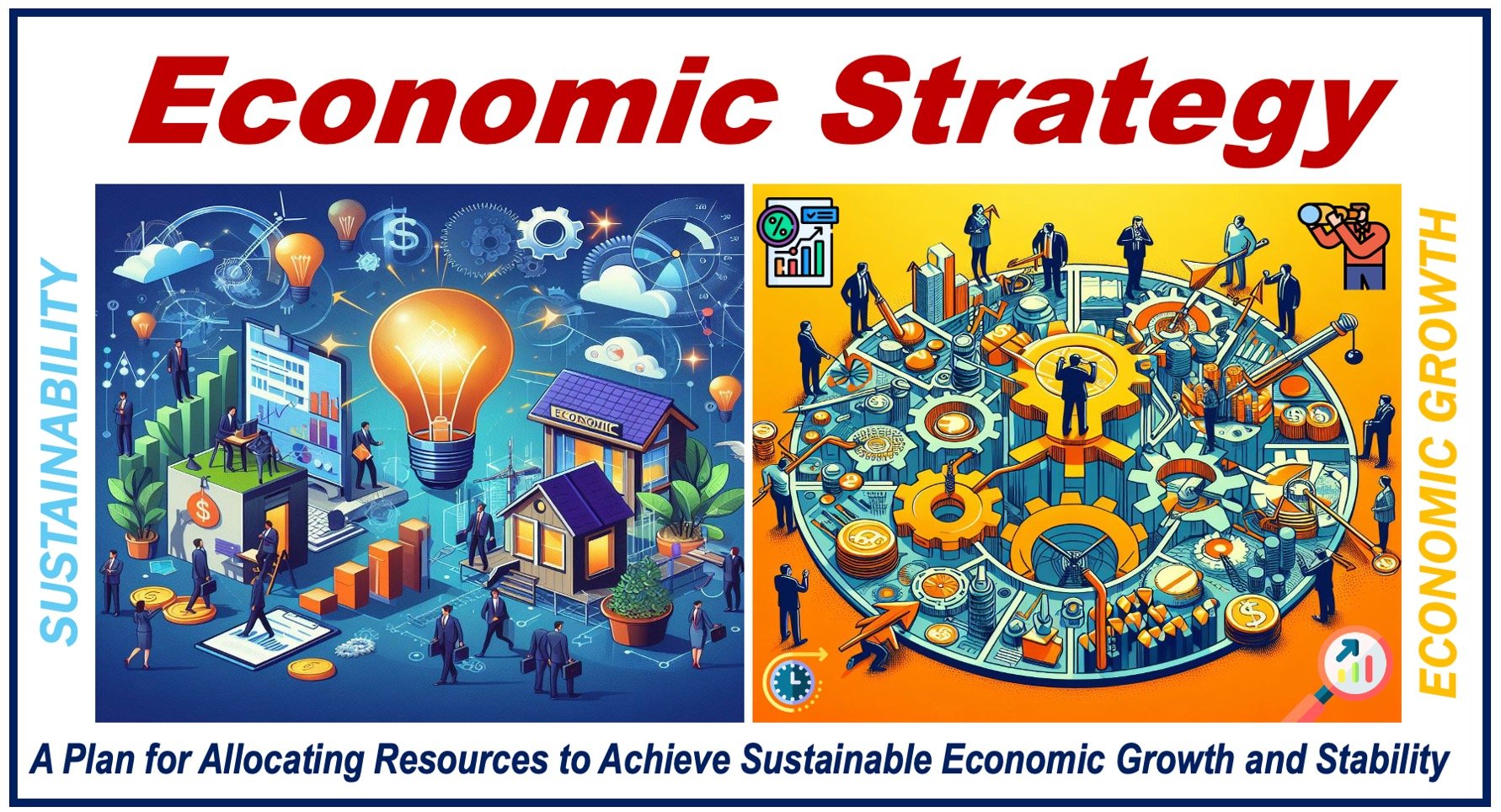 Cogs, wheels, coins, currency symbols, and graphs depicting the concept of an Economic Strategy.
