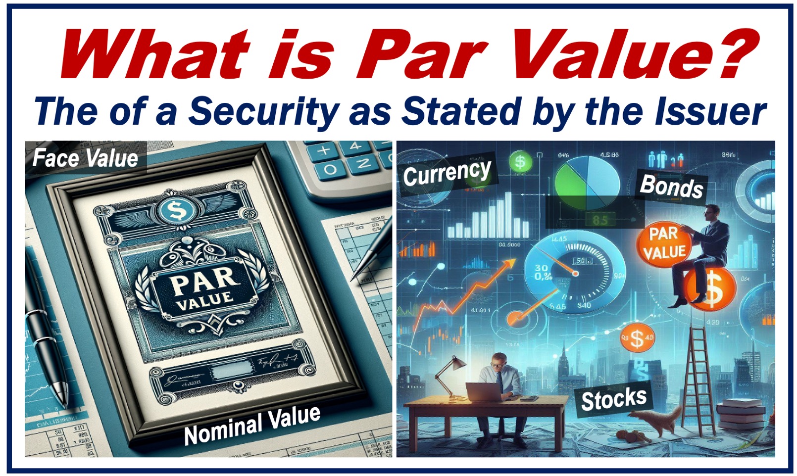 Illustration of a security certificate, a man working at his desk with graphs and market symbols floating, depicting the concept of Par Value.