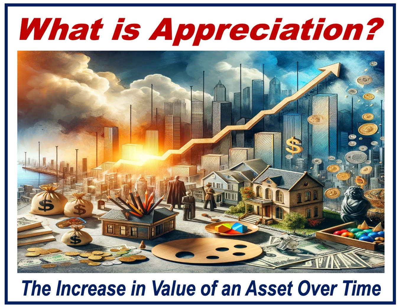 Illustration of currencies, coins, rising graphs, and property depicting the concept of appreciation