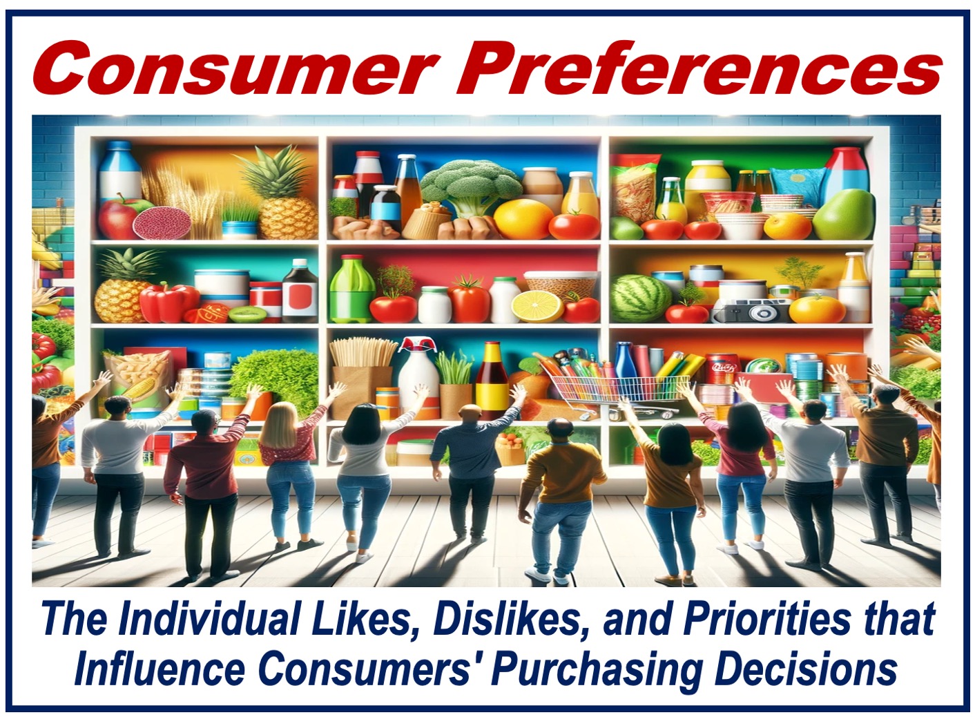 Illustration showing a group of consumer looking at goods on shelves plus a definition of consumer preferences.