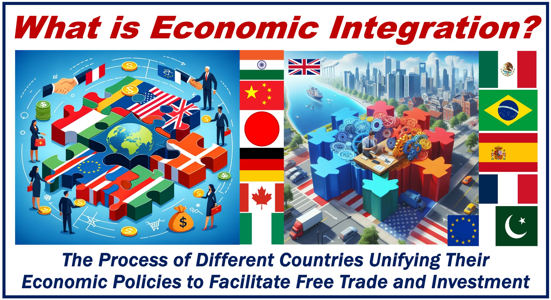 Images of lots of flags depicting the concept of economic integration.