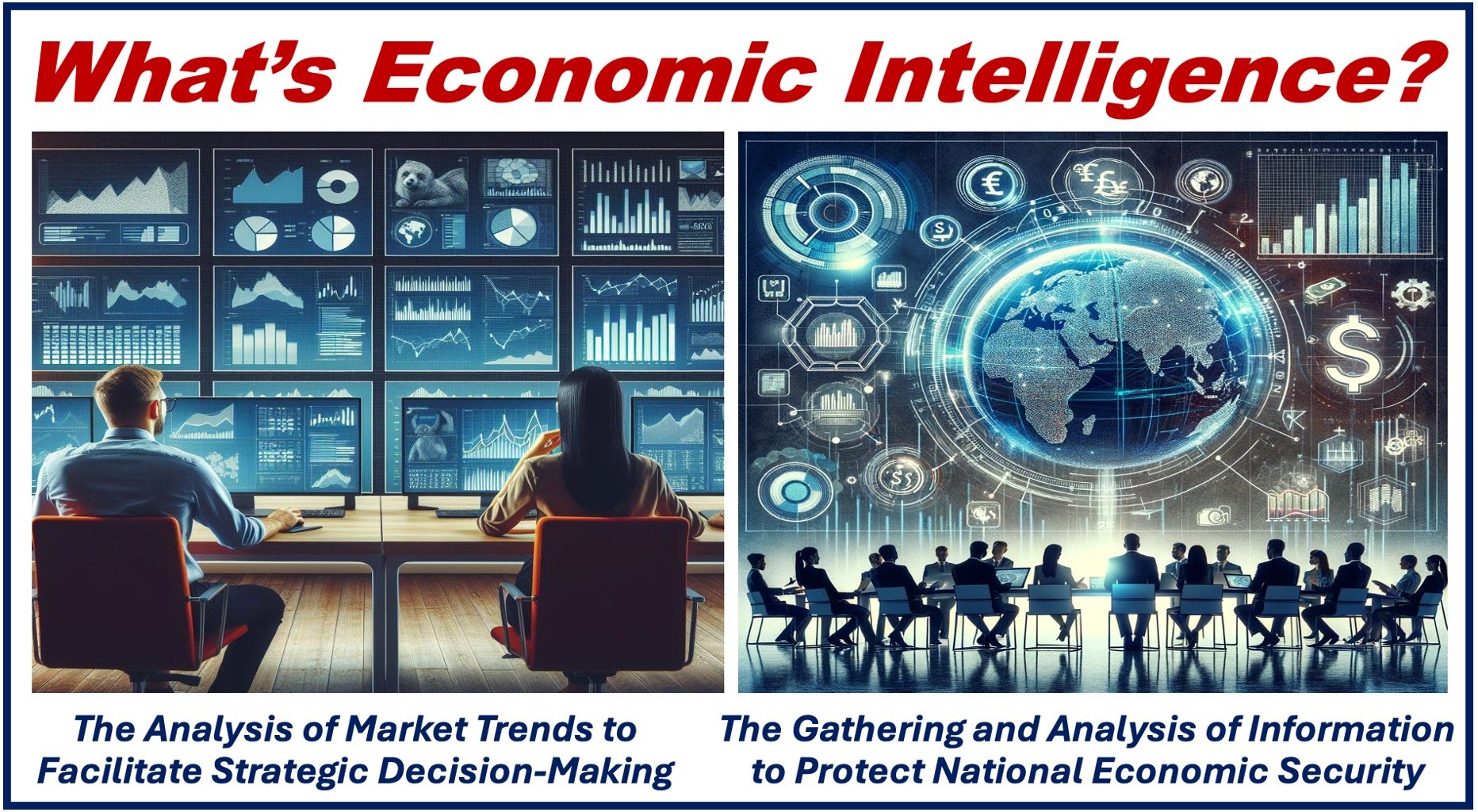 Lots of office people looking at graphs and data on many monitors on the wall, article about Economic Intelligence.