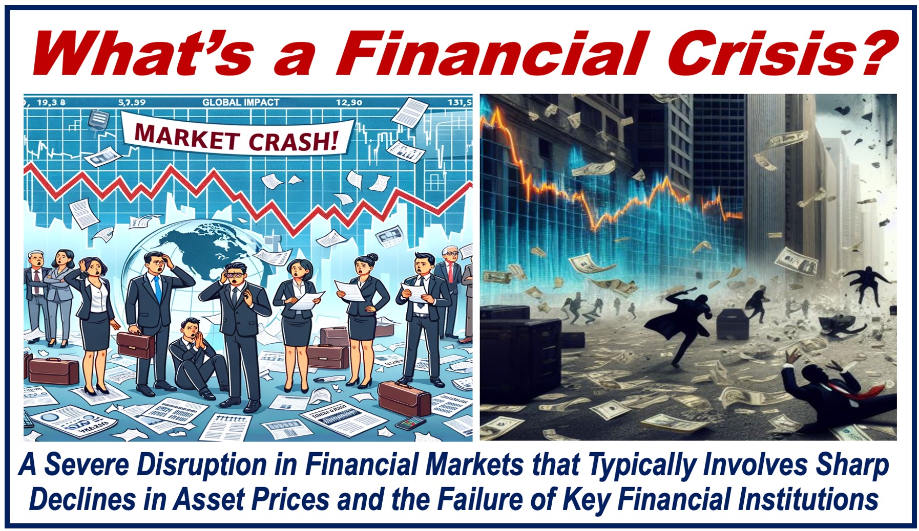 Two images depicting the concept of a Financial Crisis