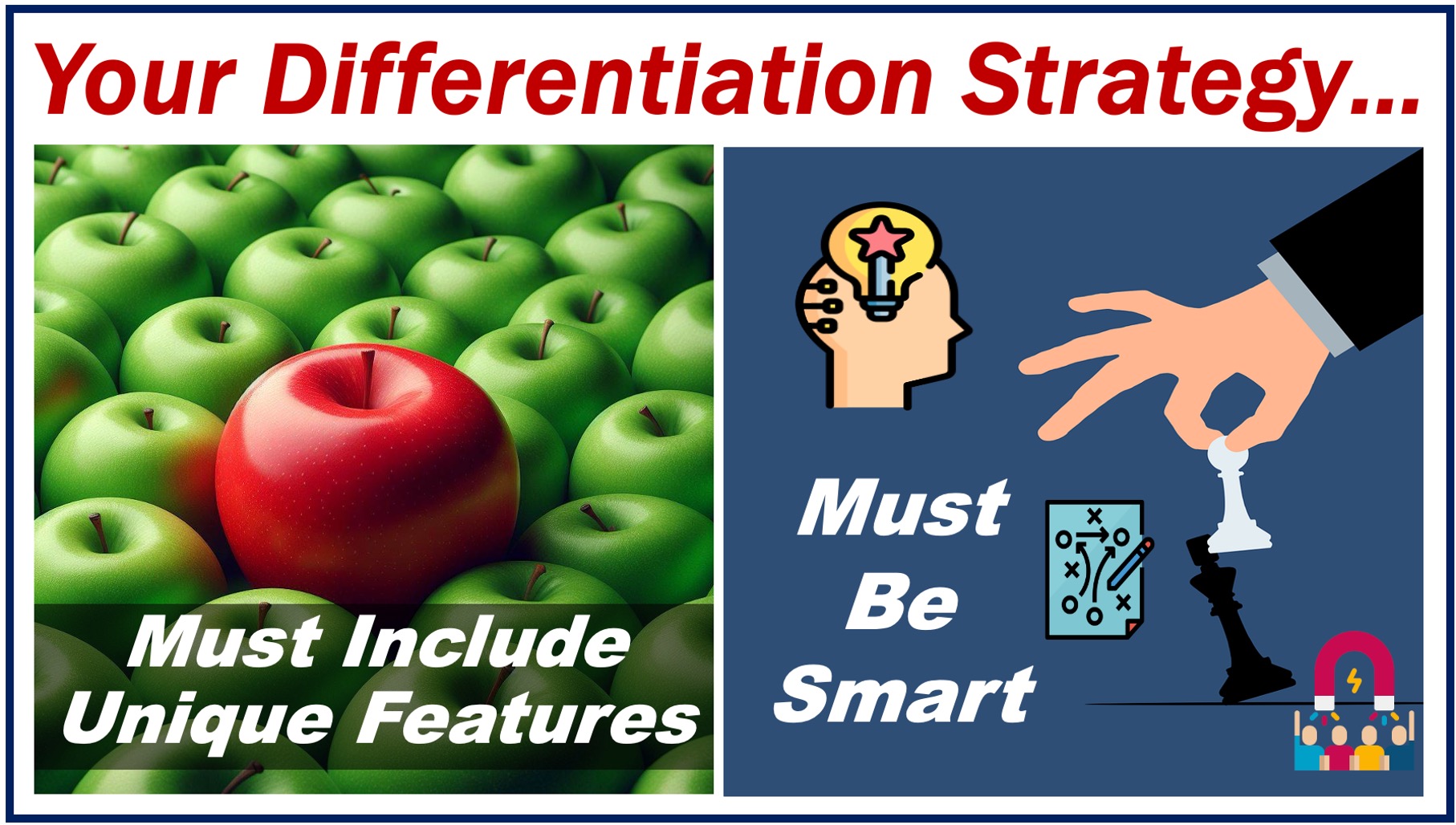 A red apple surrounded by green ones, a game of chess, and a comment about a DIFFERENTIATION STRATEGY