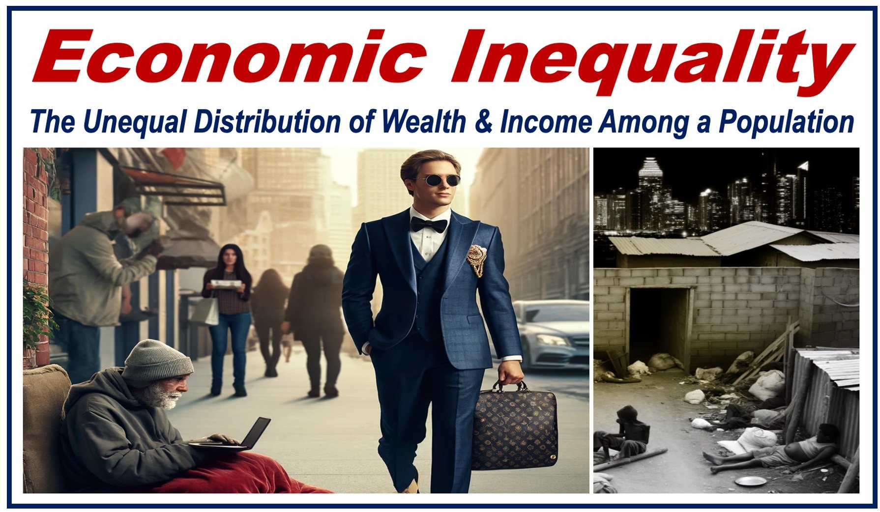 A wealthy man walking past a homeless man, a skyline of skyscrapers and a slum in front of it, plus a definition of Economic Inequality