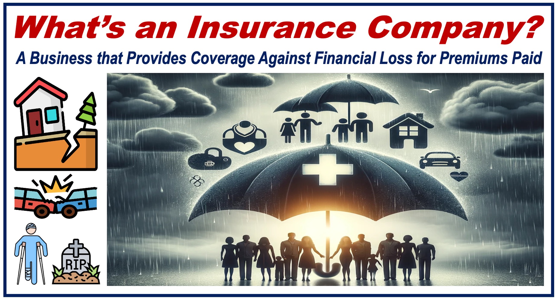 Illustrations of a damaged house, car crash, injured human, people sheltering under an umbrella, and the definition of the term INSURANCE COMPANY.