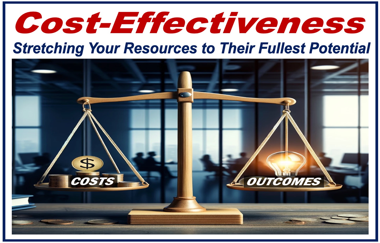 Scales with COSTS on one side and OUTCOMES on the other, reflecting the concept of COST-EFFECTIVENESS