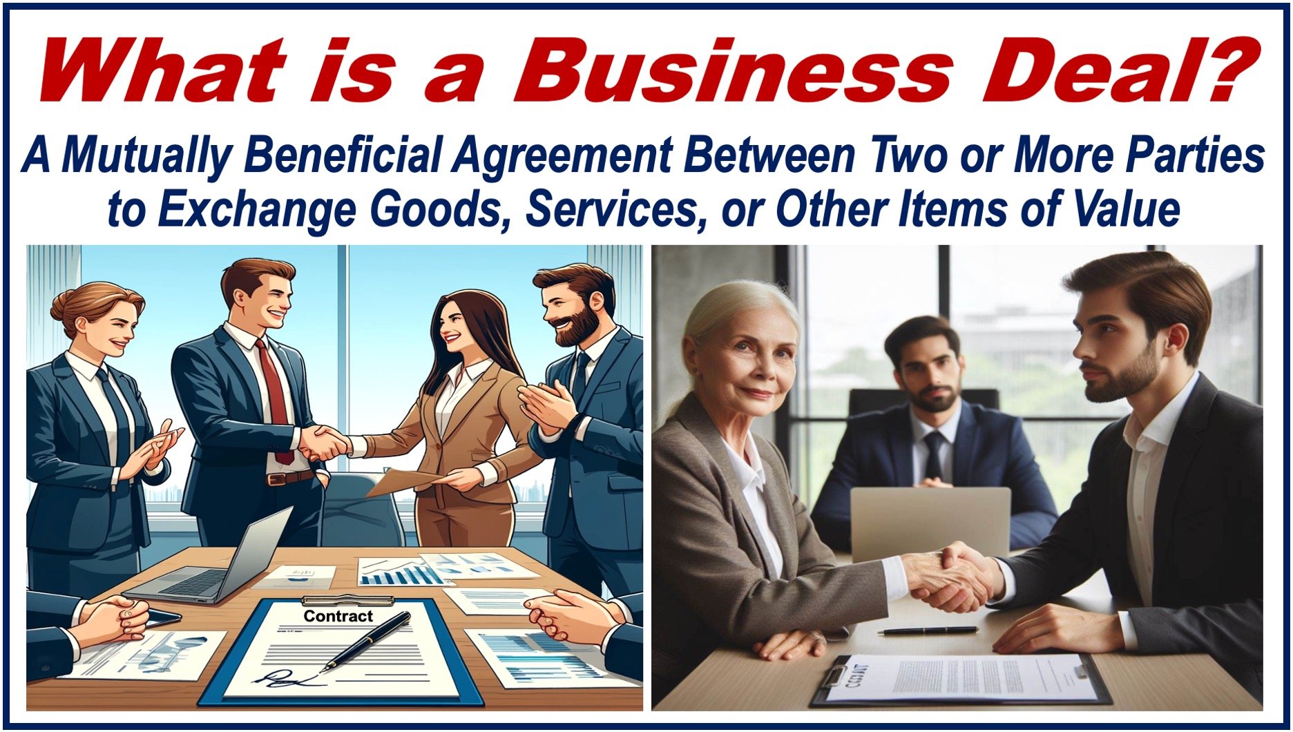 Two images of people concluded business deals