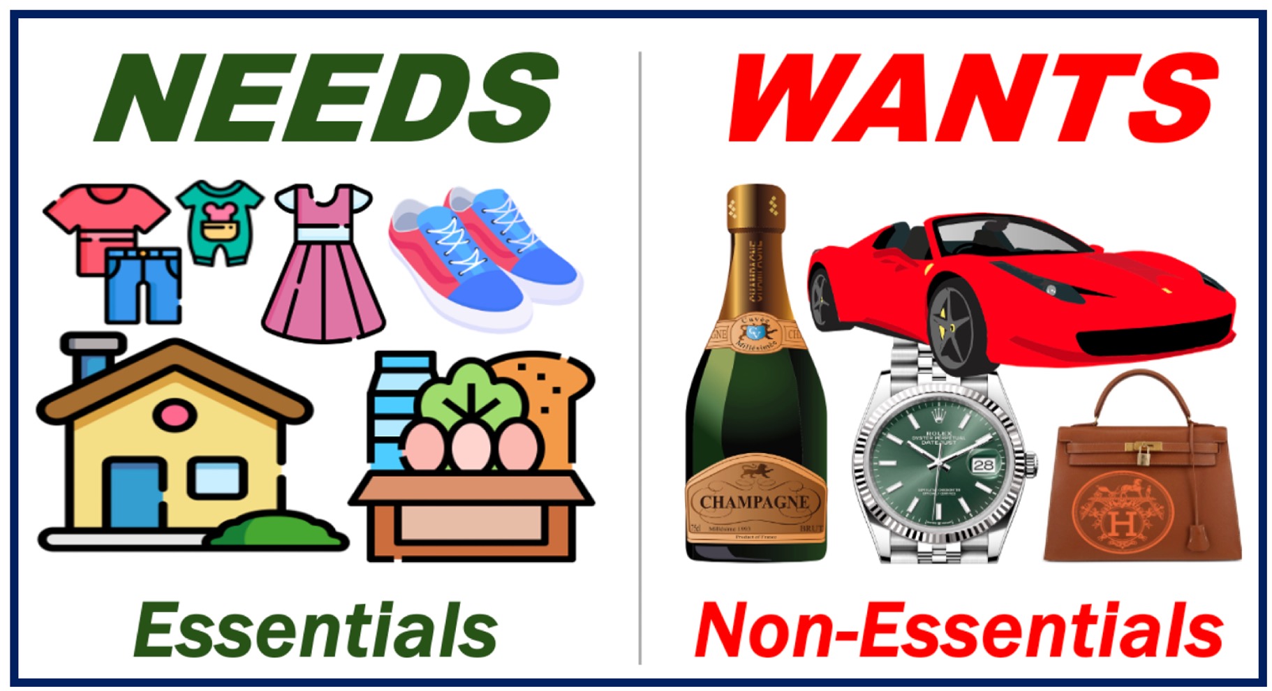 Images of NEEDS and WANTS or ESSENTIAL and NON-ESSENTIALS.