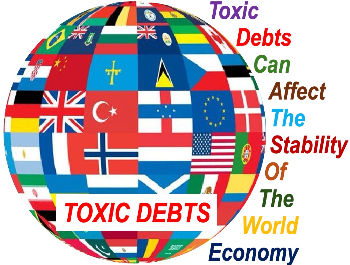 Planet made up of countries' flags and a message about toxic debts.