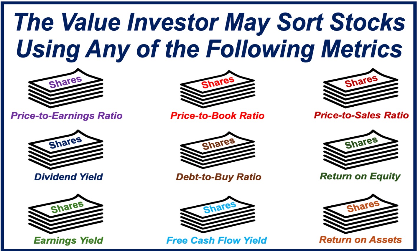 Image showing nine metrics that value investors use to sort stocks.