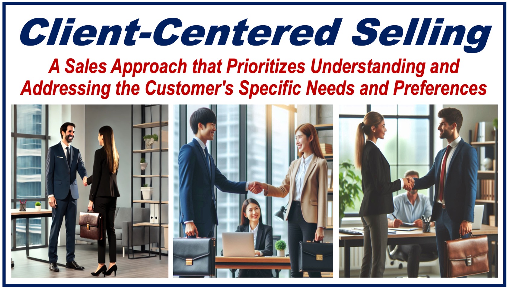 3 Meetings of salespeople with their clients - depicting 'Client-Centered Selling.'