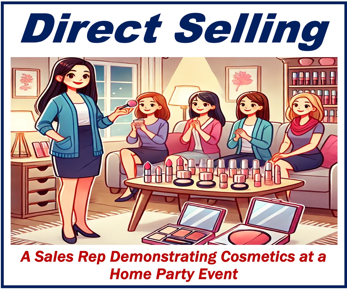 A sales rep demonstrating cosmetics at a home party event - image about DIRECT SELLING.