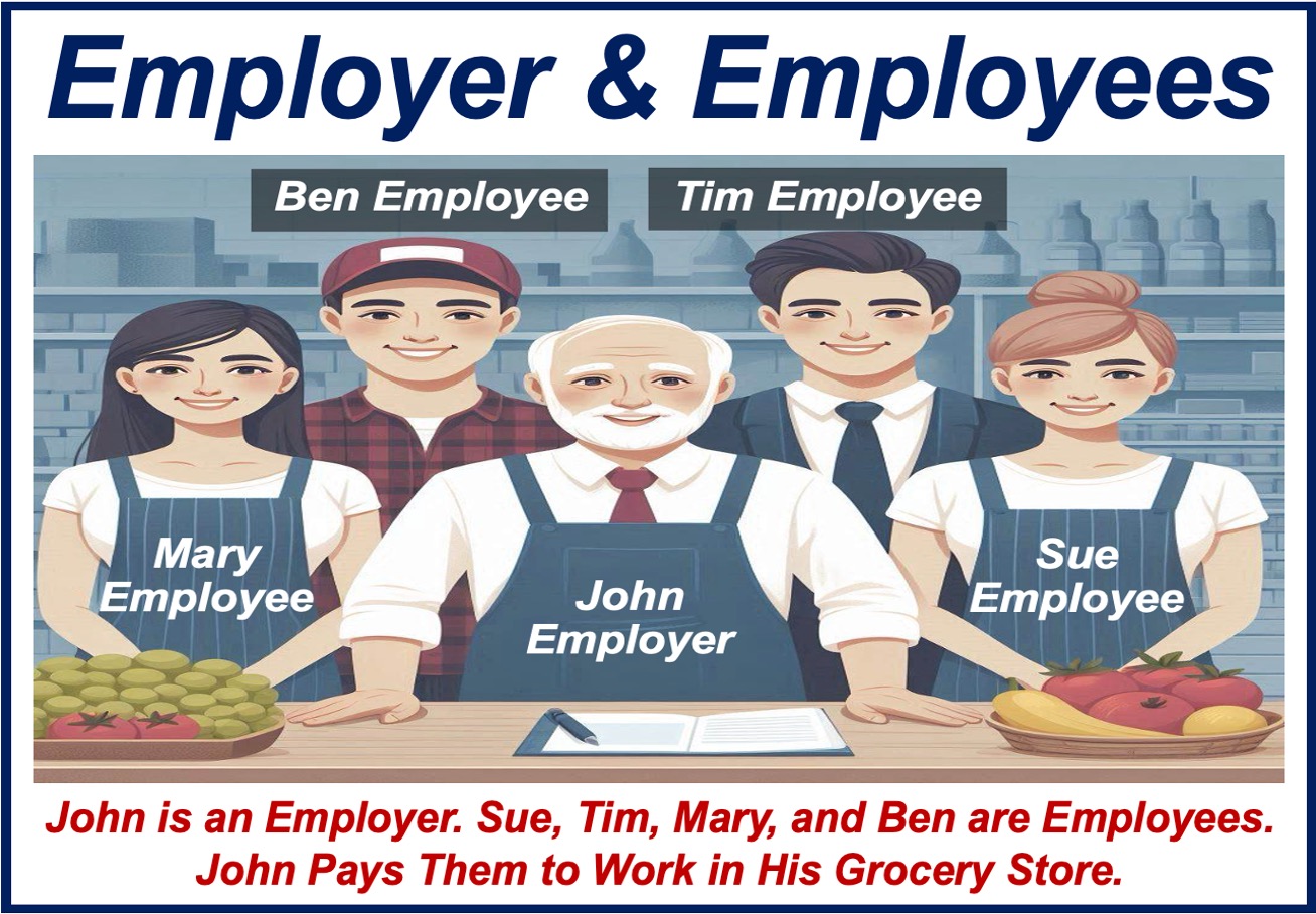 Image of a man, an employer, and five young adults, his employees.