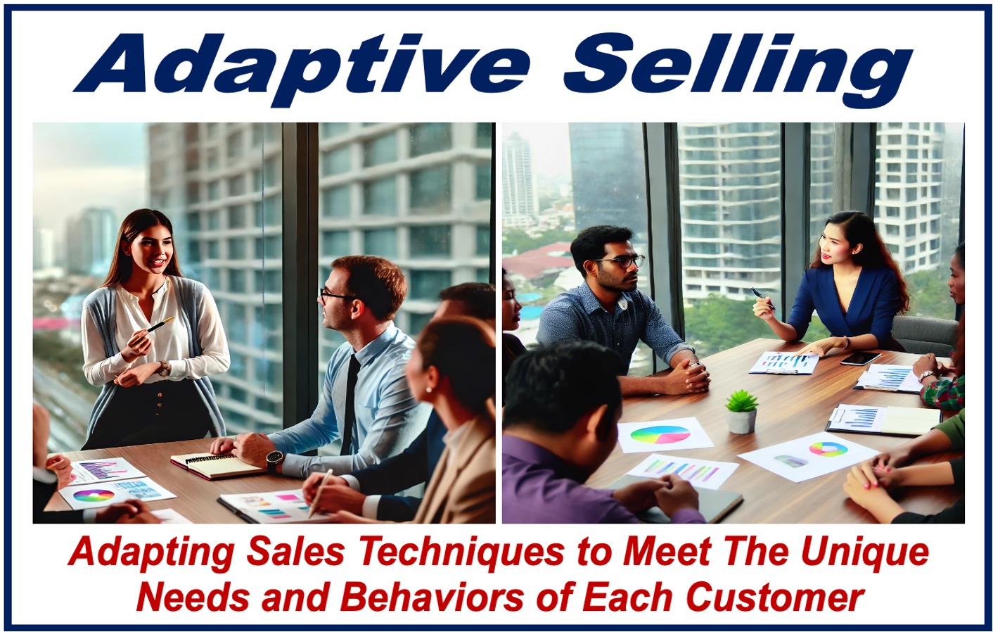 Two images of business meetings and a definition of Adaptive Selling.