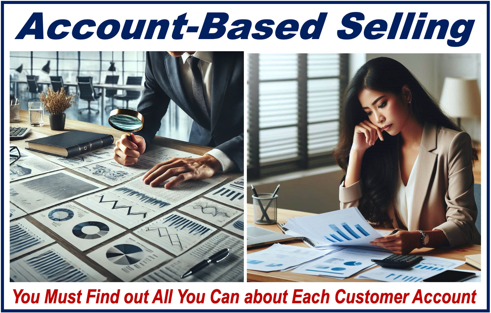 An image of a man and another of a woman analyzing graphs and statistics - image about Account-Based Selling