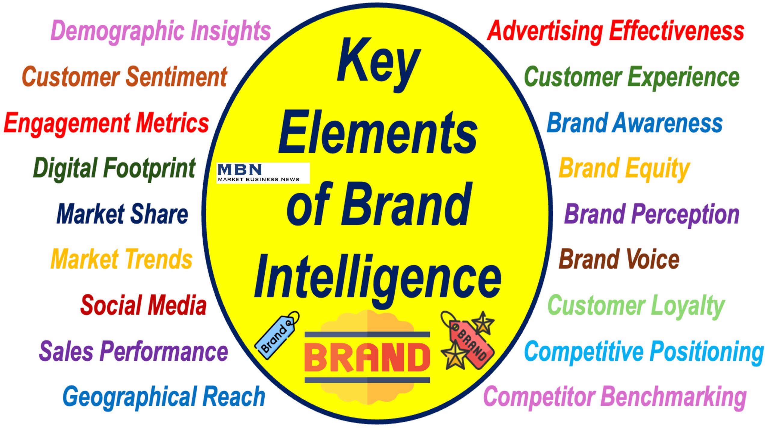 An oval surrounded by key elements of Brand Intelligence.