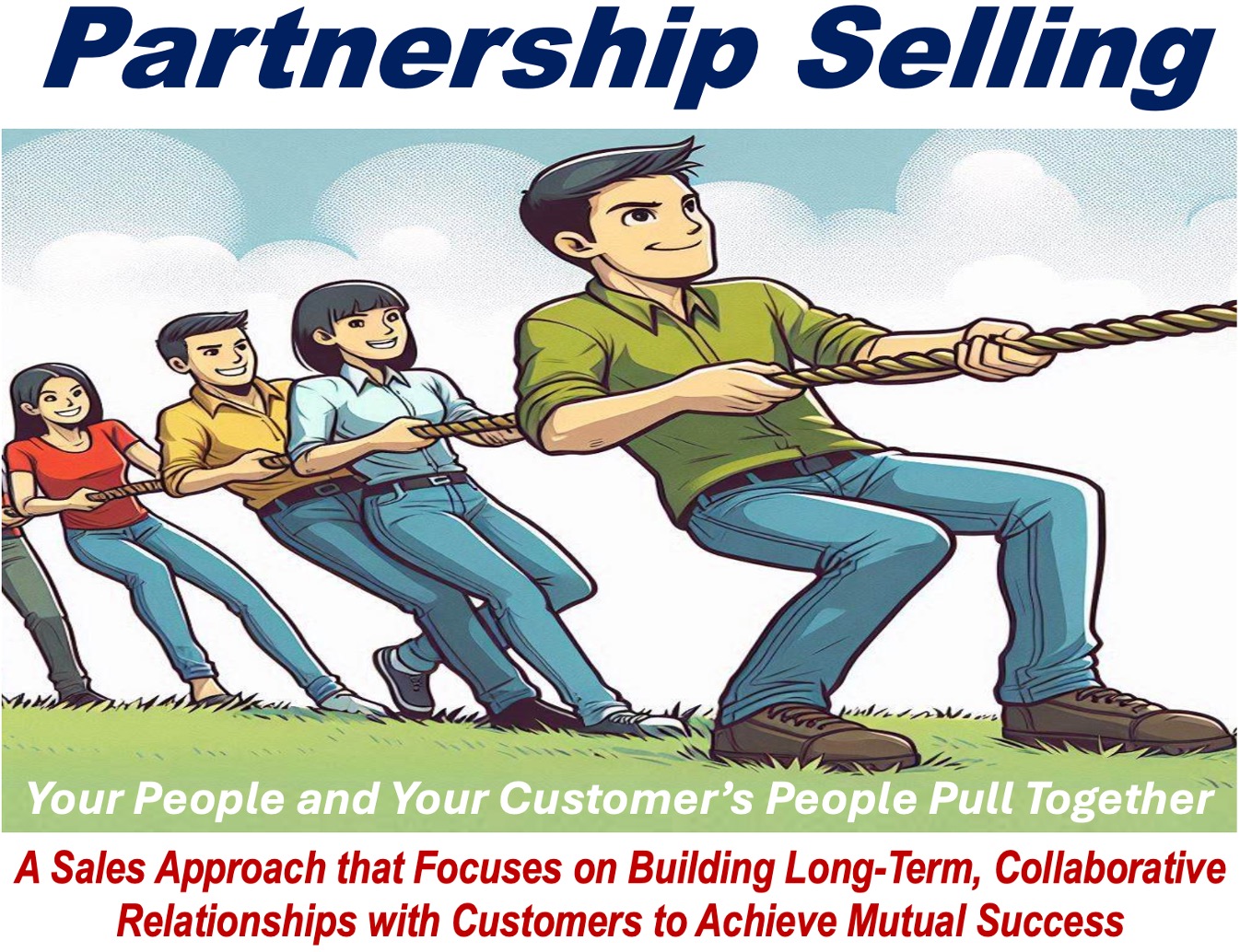 Five people pulling together in a tug of war - a depiction of Partnership Selling.