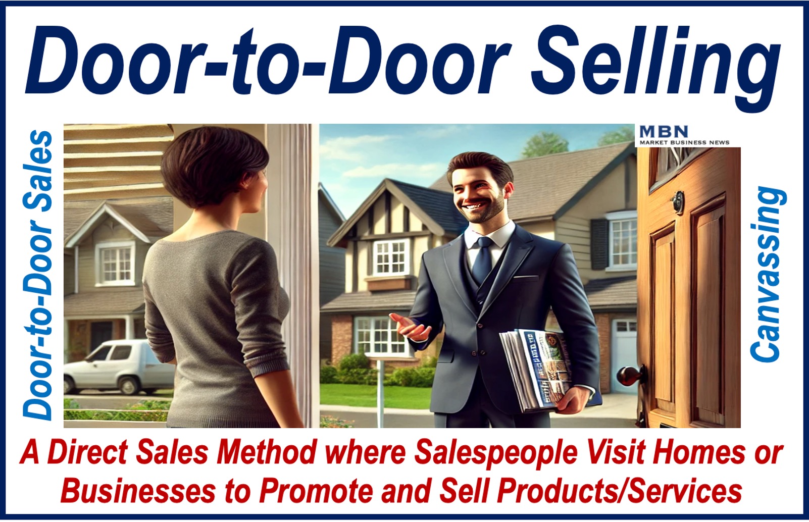 Image of a door-to-door seller talking to a lady at her front door - Door-to-Door Selling article.