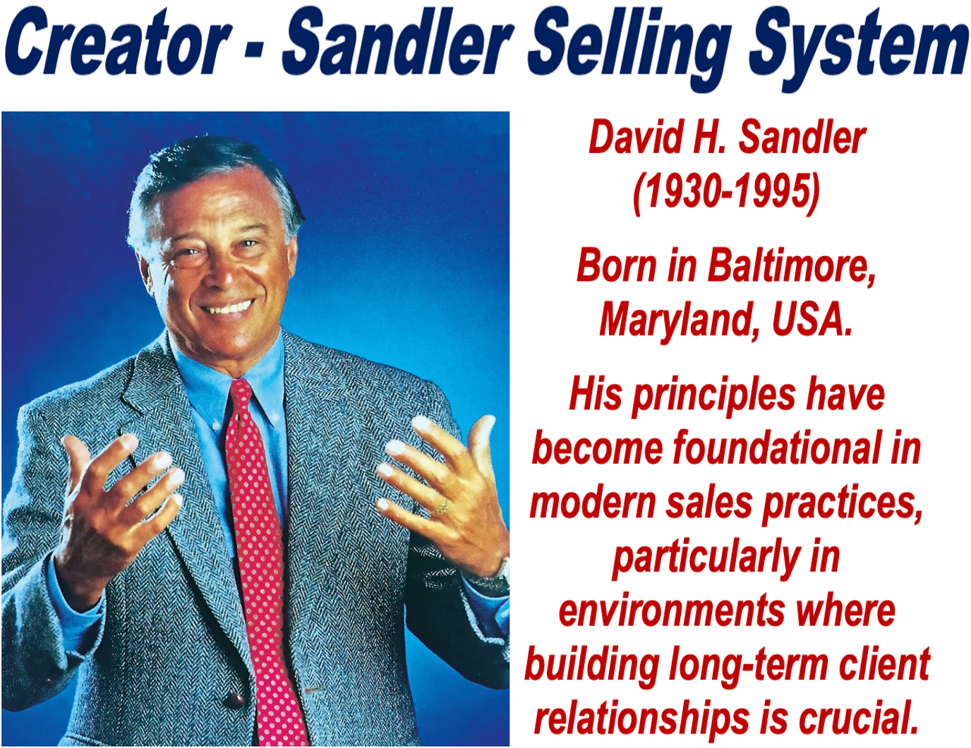 Image of creator of Sandler Selling System, David H Sandler, and a short bio.