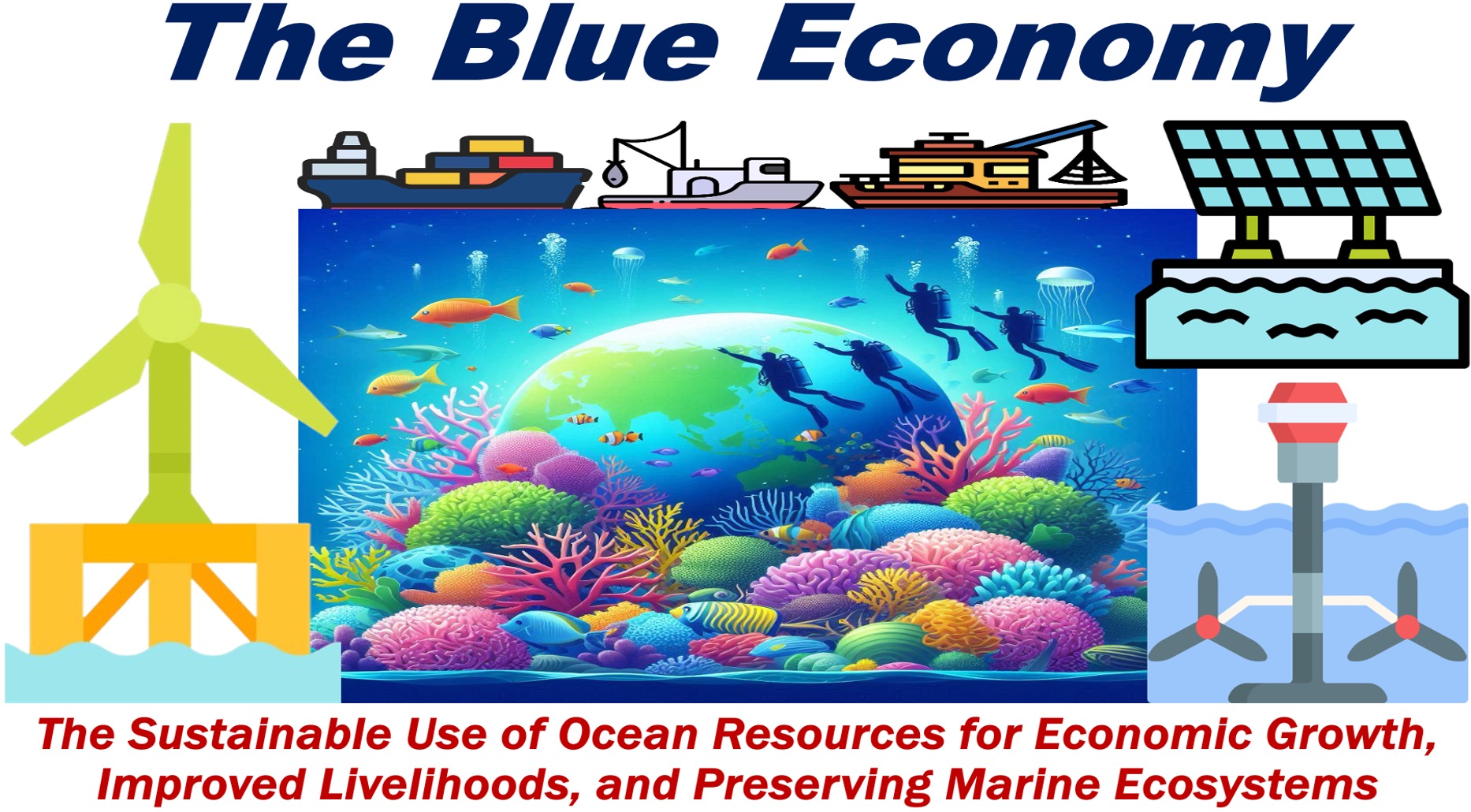 Image of the ocean, scuba divers, marine life, offshore wind energy, tidal power, depicting the concept of the Blue Economy.