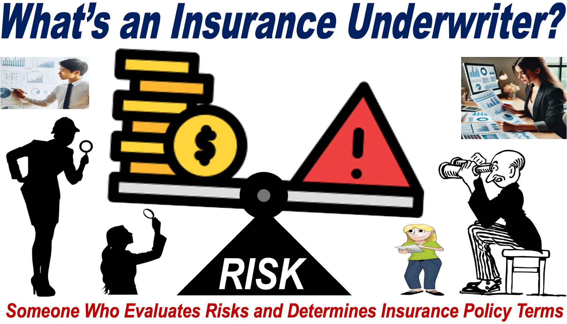 Image showing several people assessing risk - plus a definition of an Insurance Underwriter.