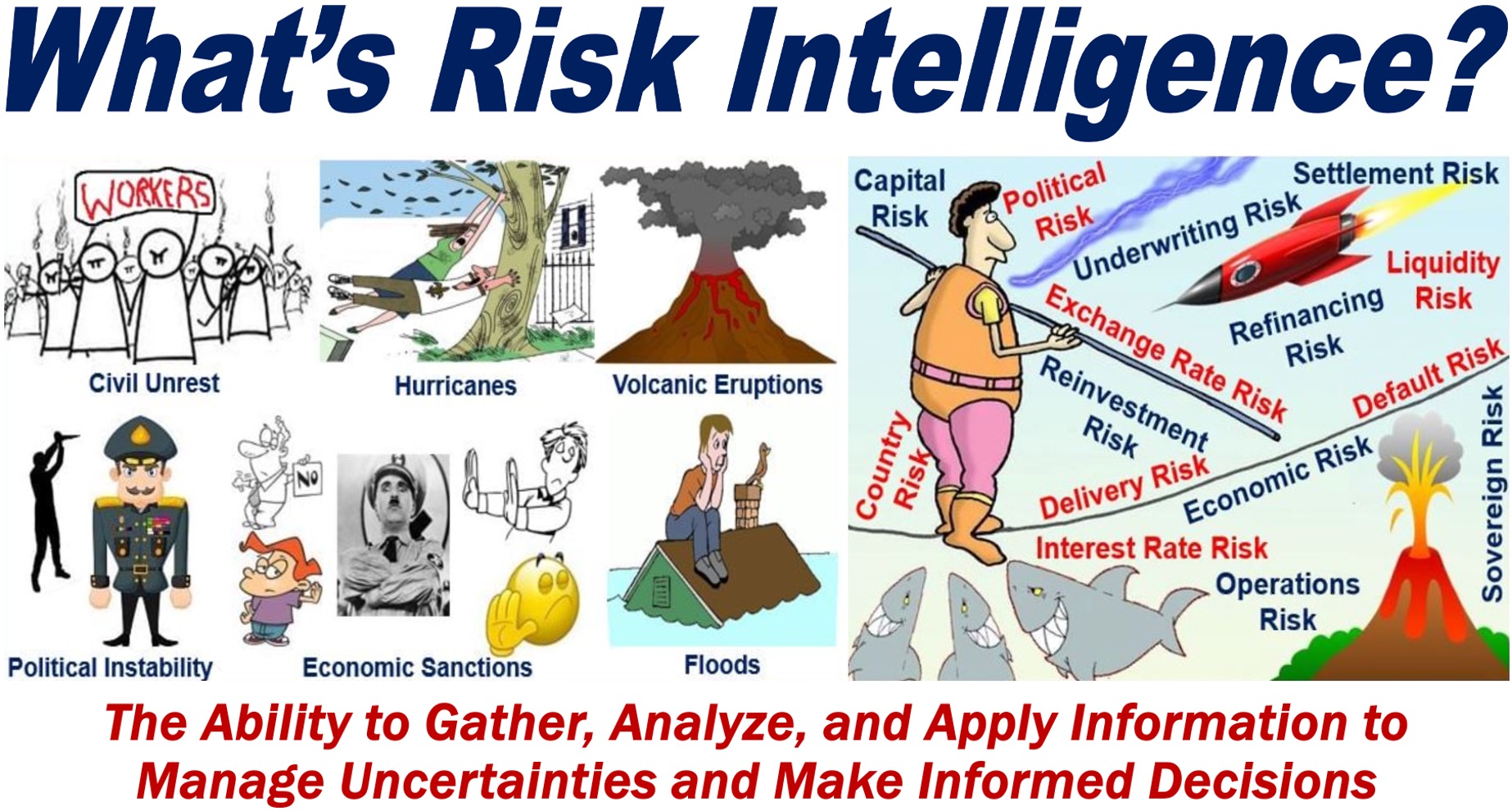 Many images depicting the concept of risk plus a definition of Risk Intelligence.