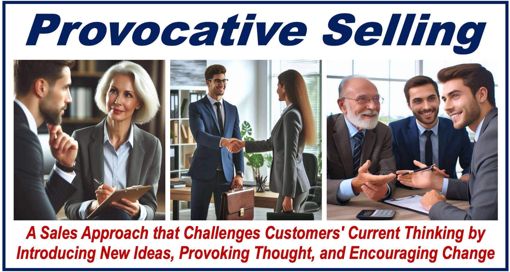 Three images of people in suits plus a written definition of PROVOCATIVE SELLING.