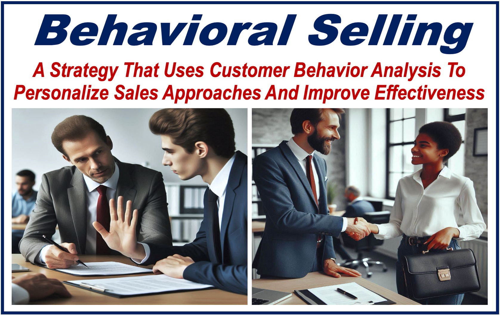 Two images of salespeople meeting their clients and a definition of BEHAVIORAL SELLING.