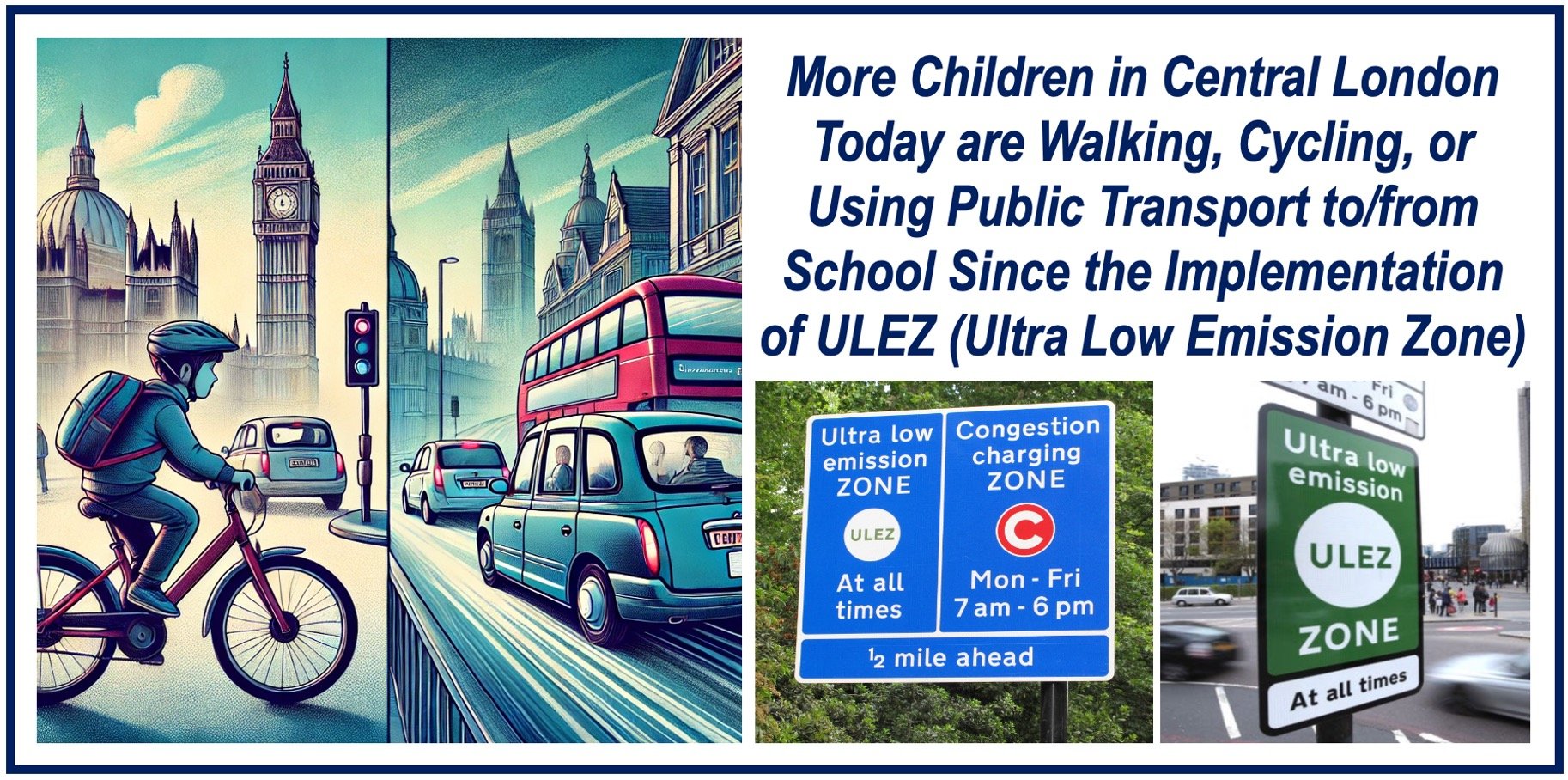 A boy cycling to school in central London, a street with traffic, and two ULEZ signs.