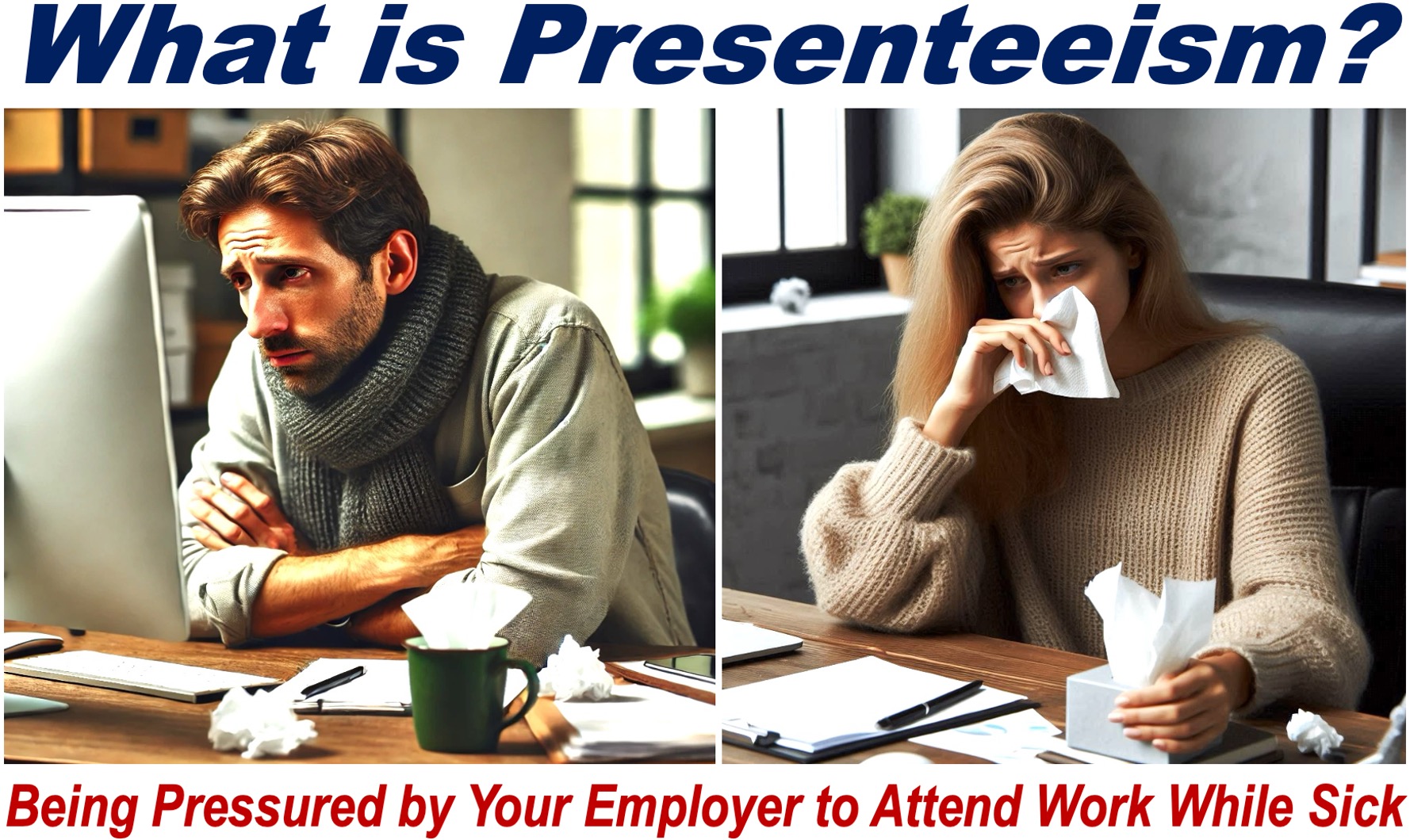 A sick man and a sick woman at their desks at work - depiction of Presenteeism.