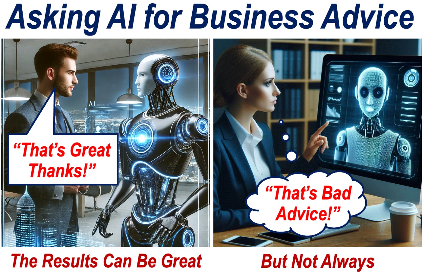 AI Mentorship - two people asking robots for business advice