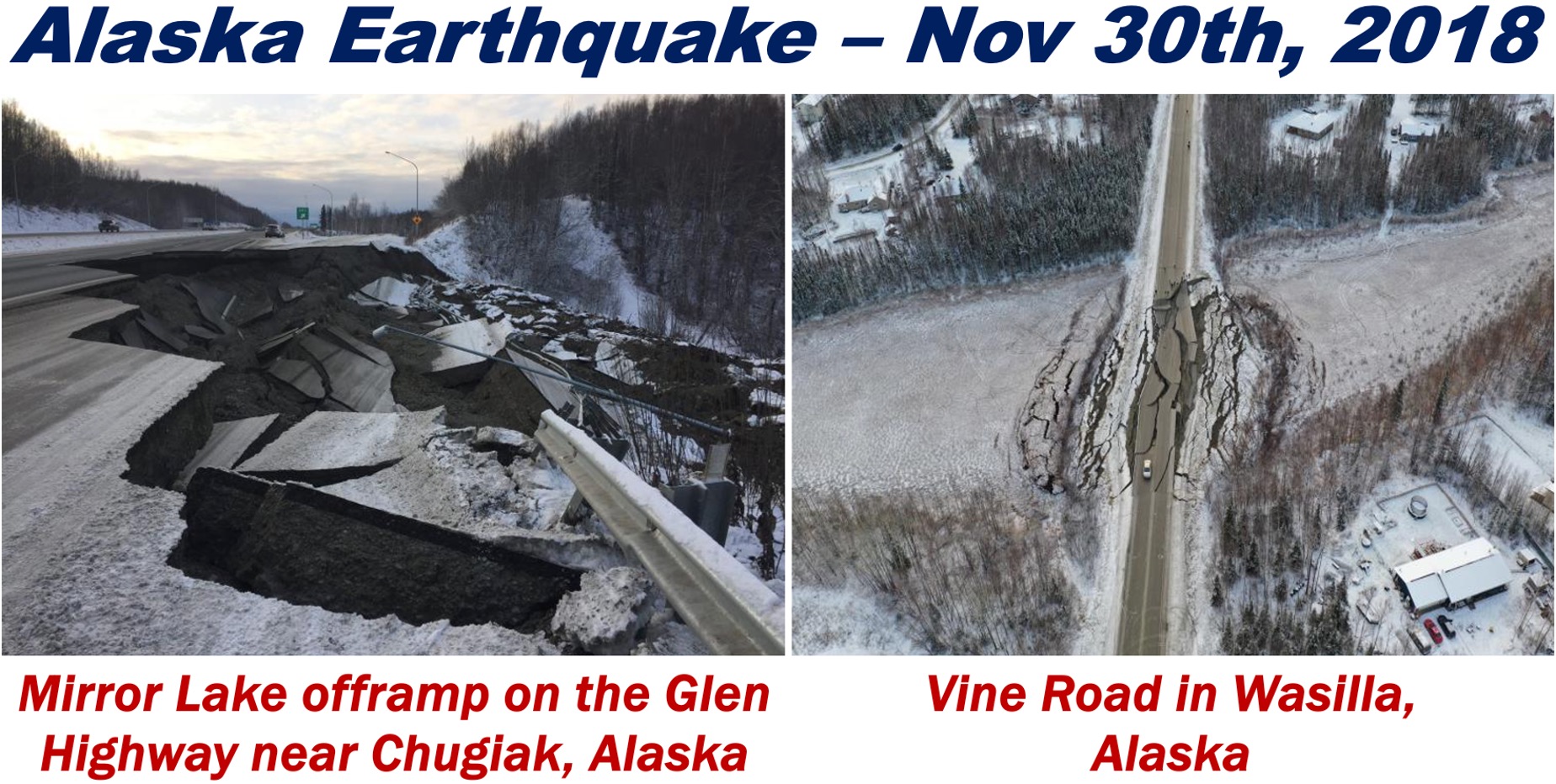 Alaska Earthquake 2018 images of damage to two highways.