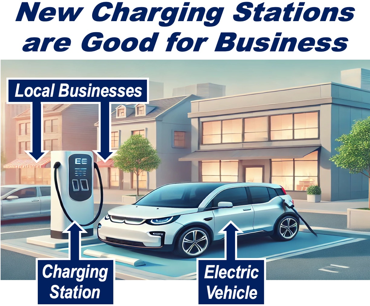 An electric vehicle recharging at a charging station plus local businesses.