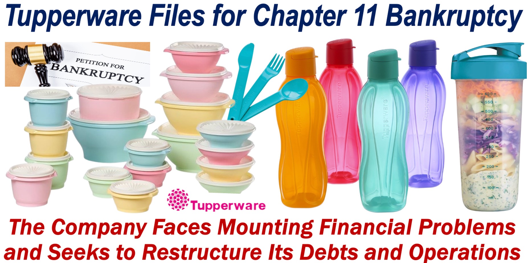 Image of Tupperware products, company logo, and why it filed for Chapter 11 Bankruptcy.