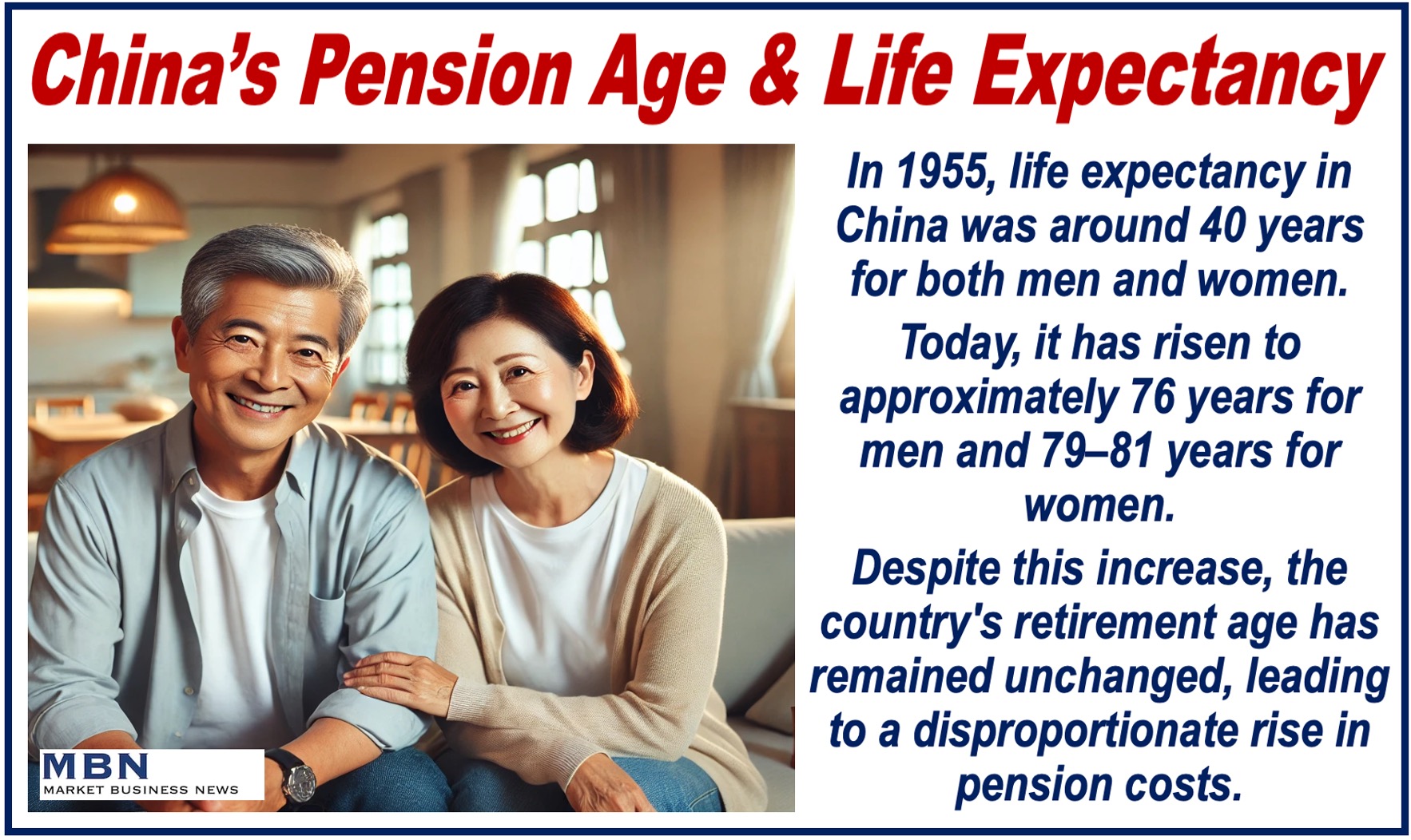 Image of a Chinese elderly couple and comments on the country's pension age and life expectancy.