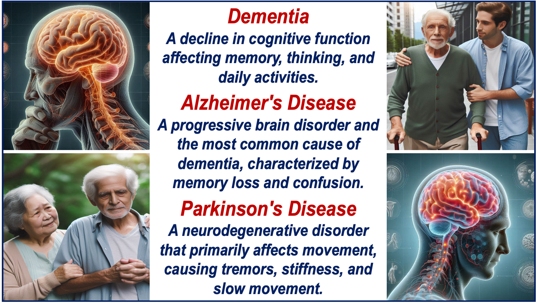 Images depicting Dementia, Alzheimer's Disease, and Parkinson's Disease plus a description of the diseases.